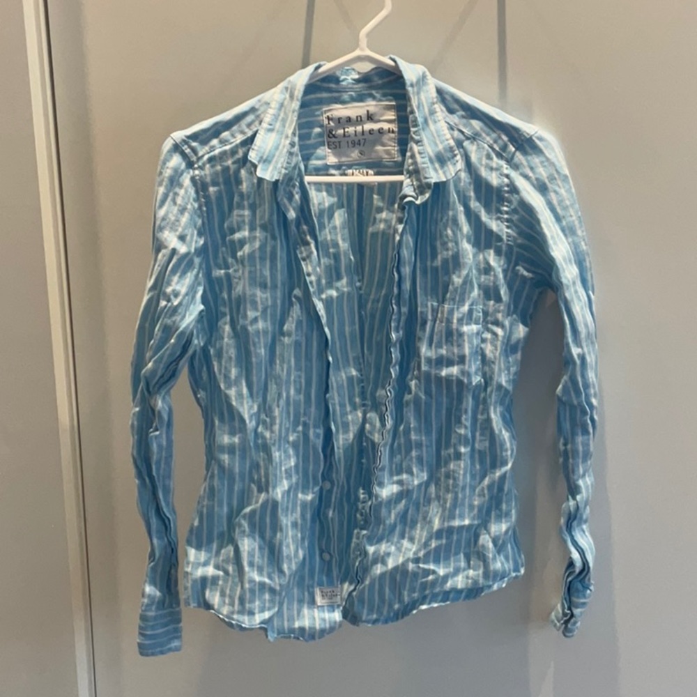 Frank & Eileen Blue Striped Barry Fit Linen Button Down Long Sleeve Shirt Small